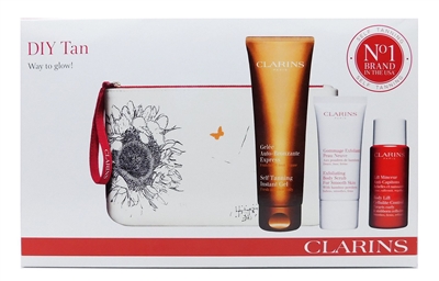 Clarins DIY Tan Way to Glow! Set: Self Tanning Instant Gel 4.5 Oz., Exfoliating Body Scrub for Smooth Skin 1 Oz., Body Lift Cellulite Control 1 Oz., bag