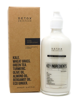 DETOX Skinfood Body Moisturizer. Kale, Wheat Grass, Green Tea, Tumeric, Olive Oil, Almond Oil, Bergamot Oil, Eco Ginger  8.45 fl oz