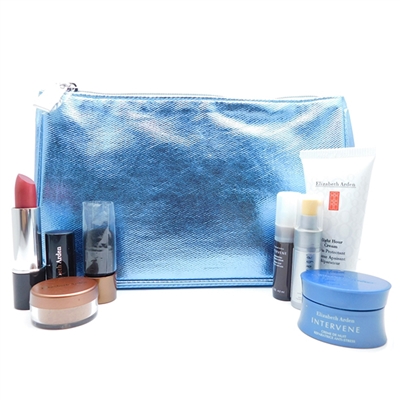 Elizabeth Arden Metallic Blue Bag Set: Skin Protectant 30 mL., Anti-Aging Serum 5 mL., Bronzing Powder Medium .09 Oz., Lipstick Sugarplum Shimmer .14 Oz., Radiance Serum 4.5 mL., Night Cream 7 mL.