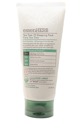 essenHERB Tea Tree 70 Sleeping Pack: Whitening and Anti Wrinkle Mask for All Skin Types including Blemished Skin  150ml