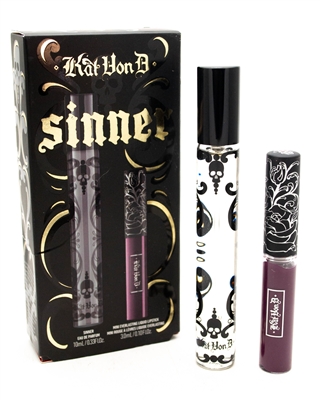 Kat Von D SINNER Eau de Parfum Travel Spray .33 fl oz and New "Midnight Plum" Shade Mini Everlasting Liquid Lipstick .1 fl oz