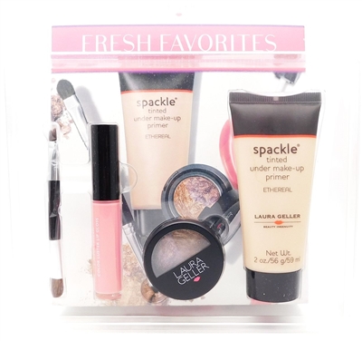 Laura Geller Fresh Favorites 4 Piece Collection: Spackle Tinted Make-Up Primer Ethereal 2 Oz., Backed Eyeshadow Due Amethyst/Unearthed .06 Oz., Color Luster Lip Gloss Berry Smoothie .21 Fl Oz. Double-Ended Shadow/Liner Brush