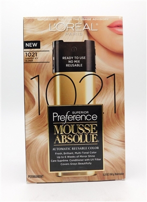 Loreal Paris Superior Preference Mousse Absolue Automatic Reusable Color 1021 Lightest Icy Blonde 3.2 Oz.
