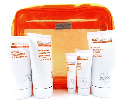 MD Skincare by Dr. Dennis Gross Orange Bag Set: All-In-One Facial Cleanser with Toner 1.7 Fl Oz., Intense Body Moisture 1.7 Fl Oz., Water Resistant Sunscreen SPF30 with Vitamin C 1.7 Fl Oz., Maximum Moisture Treatment .5 Oz., Firming Eye Lift .17 Oz.