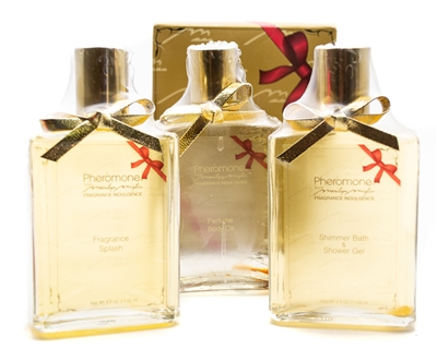 Marilyn Miglin PHEROMONE Fragrance Indulgence Set: Shimmer Bath & Shower Gel 4 Oz, Pheromone Perfume Body Oil 4 Oz & Pheromone Fragrance Splash 4 Oz