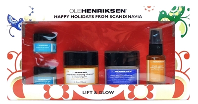 Ole Henriksen Happy Holidays from Scandinavia: melting cleanser 1 Fl Oz., collagen booster .5 Fl Oz., sheer transformation 1 Fl Oz., Eye Creme .25 Fl Oz., Eye Gel .25 Fl Oz.
