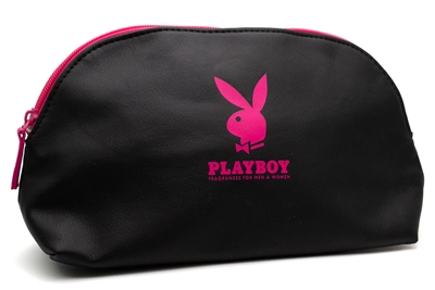Playboy TOILETRY / BEAUTY BAG, Black Vinyl and Pink 100% Polyester Lining, aprox 11" x 5.5"