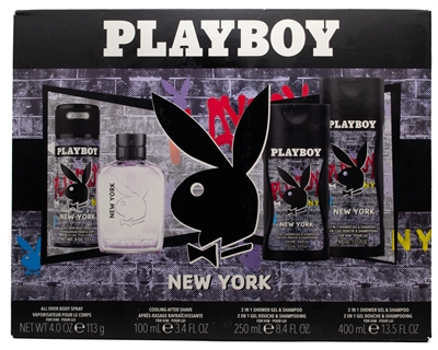 Playboy press to play NEW YORK 4pc Set: Body Spray 4oz, Cooling After Shave 3.4 fl oz, 2 in 1 Shower Gel & Shampoo  8.4 fl oz,  2 in 1 Shower Gel & Shampoo 13.54 fl oz