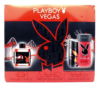 Playboy Vegas Set: After Shave Splash 3.4 Fl Oz., All Over Body Spray 4 Oz., Full Body Shower Gel & Shampoo 8.4 Fl Oz.