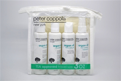 Peter Coppola Argan Oil Treatment Travel Set: Shampoo, Conditioner, Firm Hold Gel & Non Aerosol Hairspray 3 Oz Each