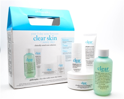 Philosophy Clear Days Ahead 30 day Acne Trial Kit:  Cleanser 90ml, Moisturizer 15ml, Pads 30ct,  Spot Treatment 7ml