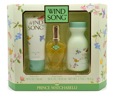 Prince Matchabelli Wind Song Gift Set; Body Lotion 1.9 fl oz, Spray Cologne .55 fl oz, Dusting Powder  2.7oz