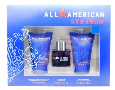 Stetson All American Set: Soothing After Shave Lotion with Aloe 4 Fl Oz., Cologne Spray 1.7 Fl Oz., Hair and Body Wash 4 Fl Oz.