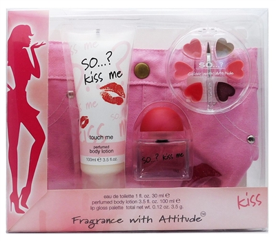 So...? Kiss Me Fragrance with Attitude Set: Eau de Toilette 1 Fl Oz., Perfumed Body Lotion 3.5 Fl Oz., Lip Gloss Palette .12 Oz., Denim Bag