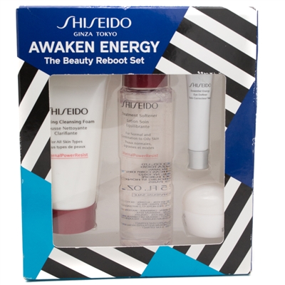 Shiseido AWAKEN ENERGY The Beauty Reboot Set:  Clarifying Cleansing Cream  50ml, Treatment Softener 75ml, Essential Energy Moisturizing Cream  10ml, Essential Energy Eye Definer  5ml