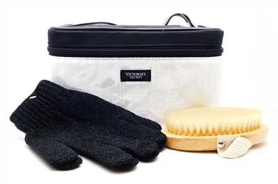 Victoria's Secret black and white Travel Bag with Exfoliating Gloves and Body Brush