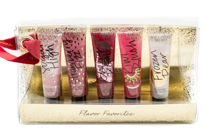 Victoria's Secret FLAVOR FAVORITES Flavored Lip Gloss, Set of 5 with Carrying Case,  Sugar High,, Strawberry Fizz, Cherry Bomb, Kiwi Blush, Frozen Pear  .48oz each