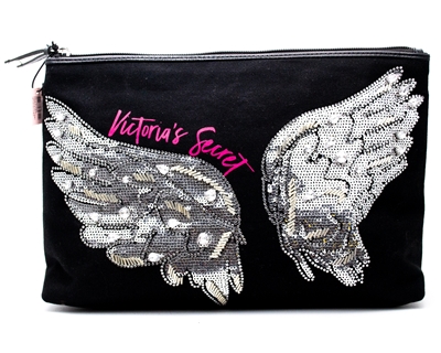 Victoria's Secret Fashion Show Pouch; Sequined Angel Wings on Front with Heart Print on Back 11" L x 3 1/4" W x 7 1/2" H
