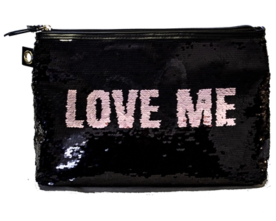 Victoria's Secret LOVE ME Black and Silver Sequin Zippered Bag with Loop for Optional Wristlet Strap