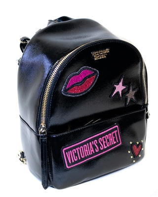 Victoria's Secret Mini Backpack; Internal Pocket and External Zippered Pocket, Lip, Stars and Heart Design, Thin Adjustable Straps with Gold Colored Chain