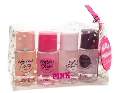 Victoria's Secret MERRY PINKMAS Mini Mist Set: Fresh & Clean, Warm & Cozy, Sweet & Flirty, Cool & Bright, Transparent Carrying Case (2.5 fl oz each)