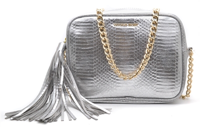 Victoria's Secret Official Crossbody Bag Of The 2016 Fashion Show, Silver Reptile Texture and Oversized Tassel Zipper Pull and Chain Strap