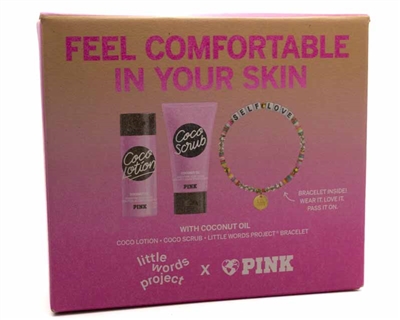 Victoria's Secret Pink FEEL COMFORTABLE IN YOUR SKIN Set: Coco Lotion, Coco Scrub, Little Words Project Bracelet