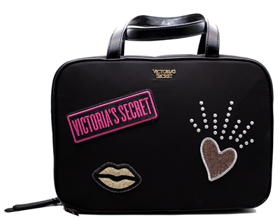 Victoria's Secret  Patch Jetsetter Travel Makeup Case with Hook; 2 Interior Zip Compartments,  10 1/2" L x 3 1/2" W x 7 1/4" H