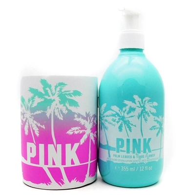 Victoria's Secret PINK Palm Leave & Tiare Flower Fresh Glow Lotion 12 Fl Oz. and Drink Koozie