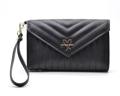 Victoria's Secret Quilted Matte Black Clutch/Wallet/Phone Case Purse with Wrist Strap, Chrome Logo