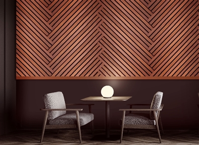 Encore Mahogany Real Wood Wall Peel and Stick Acoustical Wall Slats.  Click for details and checkout >>