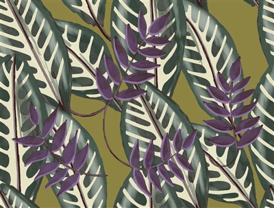 Elitis Flower Power TP 302 02.  Olive green oversized retro botanical leaf wallpaper.  Click for details and checkout >>