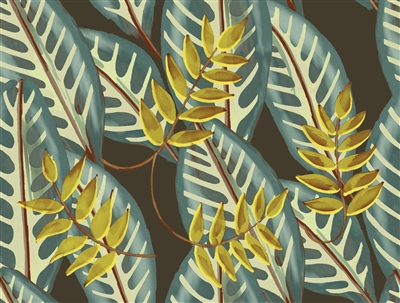 Elitis Flower Power TP 302 03.  Vibrant green & gold oversized retro botanical leaf wallpaper.  Click for details and checkout >>