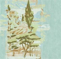 Elitis Volver VP 924 04.  Landscape in soft pastel colors, vinyl raffia embossed wallpaper for a wall. Click for details and checkout >>