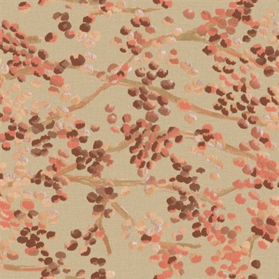 Elitis Lins Brodes VP 955 07.   Tan cherry blossom embossed vinyl wallpaper with linen fabric aspect. Click for details and checkout >>