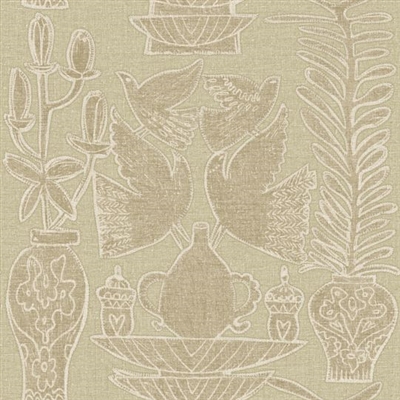 Elitis Lins Brodes VP 954 02.   Tan whimsical embossed vinyl wallpaper with linen fabric aspect. Click for details and checkout >>