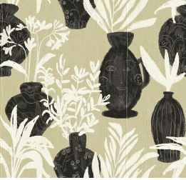 Elitis Volver VP 925 01.  Black and green potted floral, vinyl raffia embossed wallpaper for a wall. Click for details and checkout >>