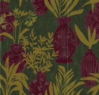 Elitis Volver VP 925 02.  Red and green potted floral, vinyl raffia embossed wallpaper for a wall. Click for details and checkout >>