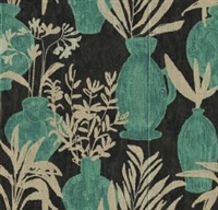 Elitis Volver VP 925 03.  Black and green potted floral, vinyl raffia embossed wallpaper for a wall. Click for details and checkout >>