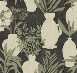 Elitis Volver VP 925 04.  Black and neutral color potted floral, vinyl raffia embossed wallpaper for a wall. Click for details and checkout >>