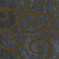 Elitis Domino Volutes RM 253 12.  Black with brown curlicue pattern art deco wallpaper.  Click for details and checkout >>