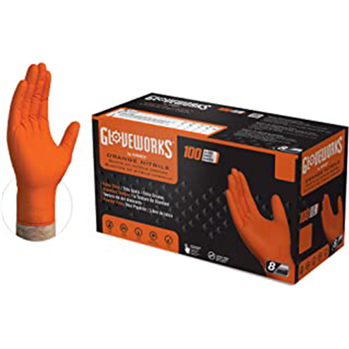 Gloveworks Orange Nitrile Raised Diamond Texture Disposable Gloves, Size Small