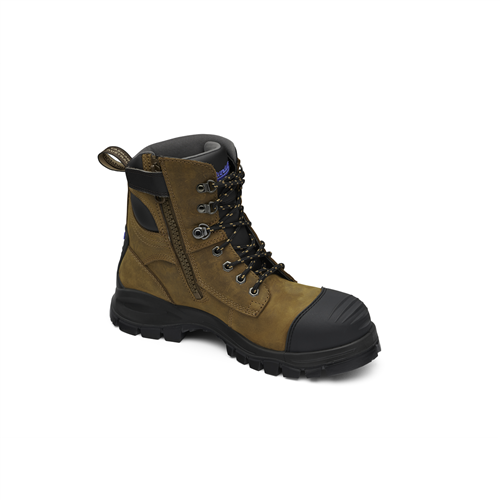 Blundstone 983 Steel Toe Lace Up Side Zip, Water Resistant, Bump Cap, Puncture Resistant Insole, Crazy Horse Brown