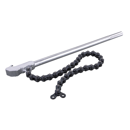 Use to loosen and or grip an array of round, square, or other multifaceted objects with a 24" heat-treated chain, 20" chrome-plated handle for extra leverage, and knurled handle for grip.