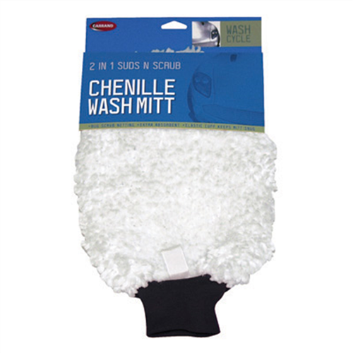 Wash Mitt, 2 in 1, Deep Pile Chenille with Scrub Netting, Elastic Cuff, Carded