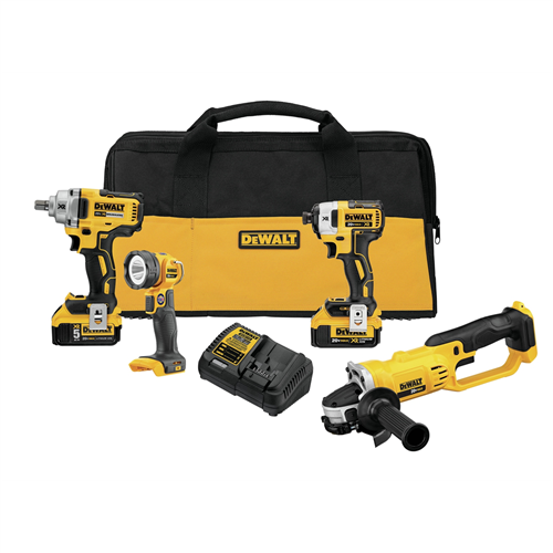 DeWaltÂ® 20V MAX 5 Ah Impact Wrench / Impact Driver / Grinder / Work Light 4-Piece Combo Kit