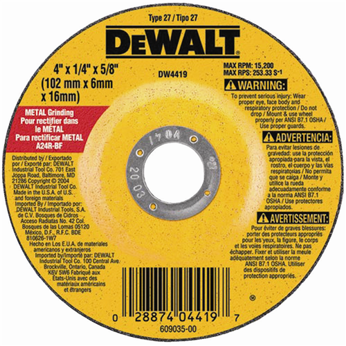 DeWalt 4" x 1/4" x 5/8" High Performance Metal Grinding Wheel