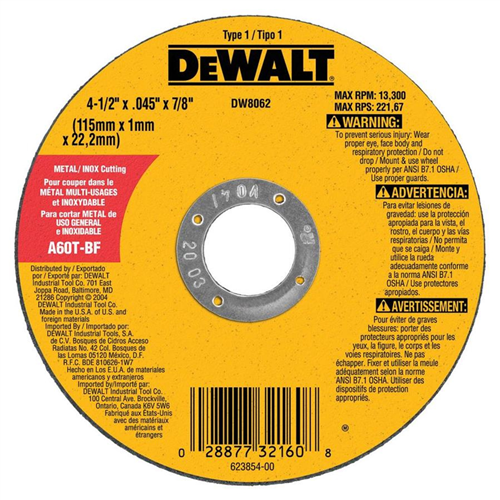 DeWalt 4.5" HP Type-1 Metal Cutting Wheel (Each)