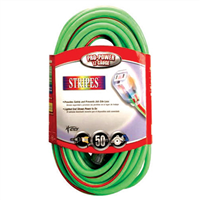 Extension Cord, Extra Rugged, 50 Foot, 12/3, Lighted Ends, High Visibity Green with Red Stripe