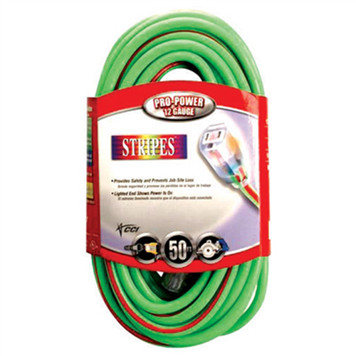 Extension Cord, Extra Rugged, 50 Foot, 12/3, Lighted Ends, High Visibity Green with Red Stripe